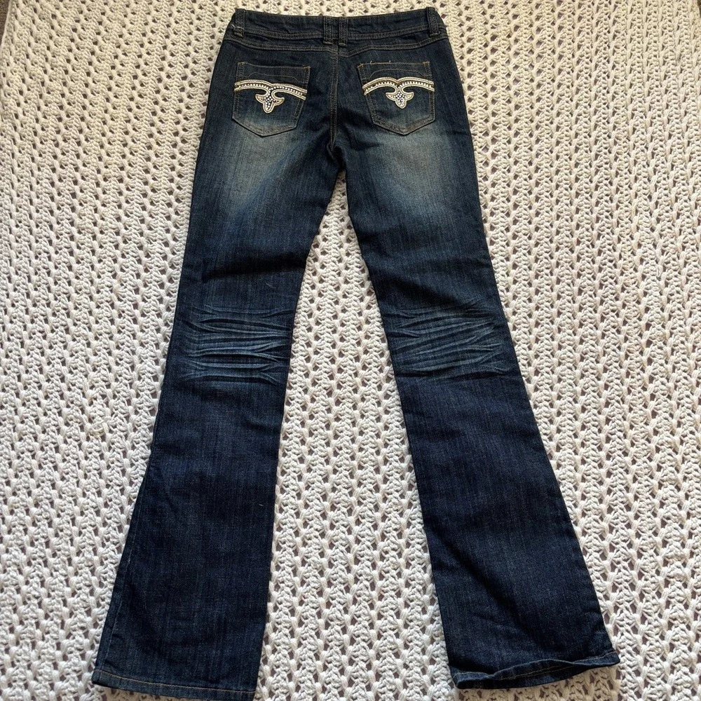 Arden B Embellished Back Pocket Bootcut Flare Jeans Women's Sz 6 W30 Dark Blue.